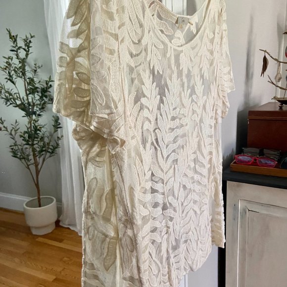 Capri Off-White Palm Leaves Embroidered Sheer Short-Sleeved Top Boho Beach [L] - Picture 5 of 6